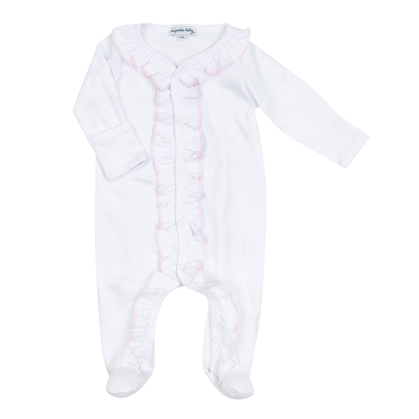 Essentials White Ruffle Footie with Pink Trim