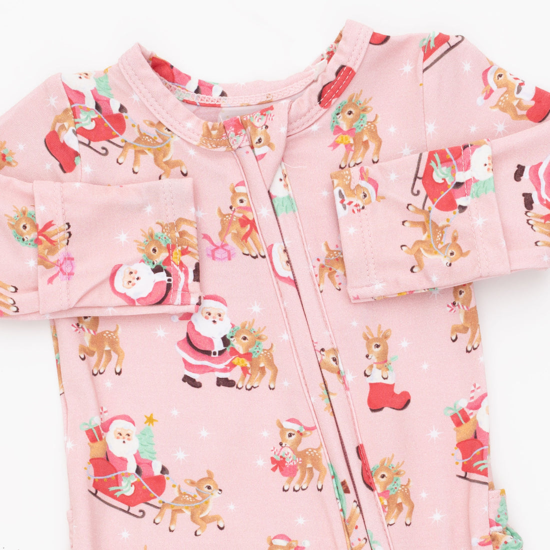 Vintage Reindeer & Santa Pink - Ruffle Zipper Footie