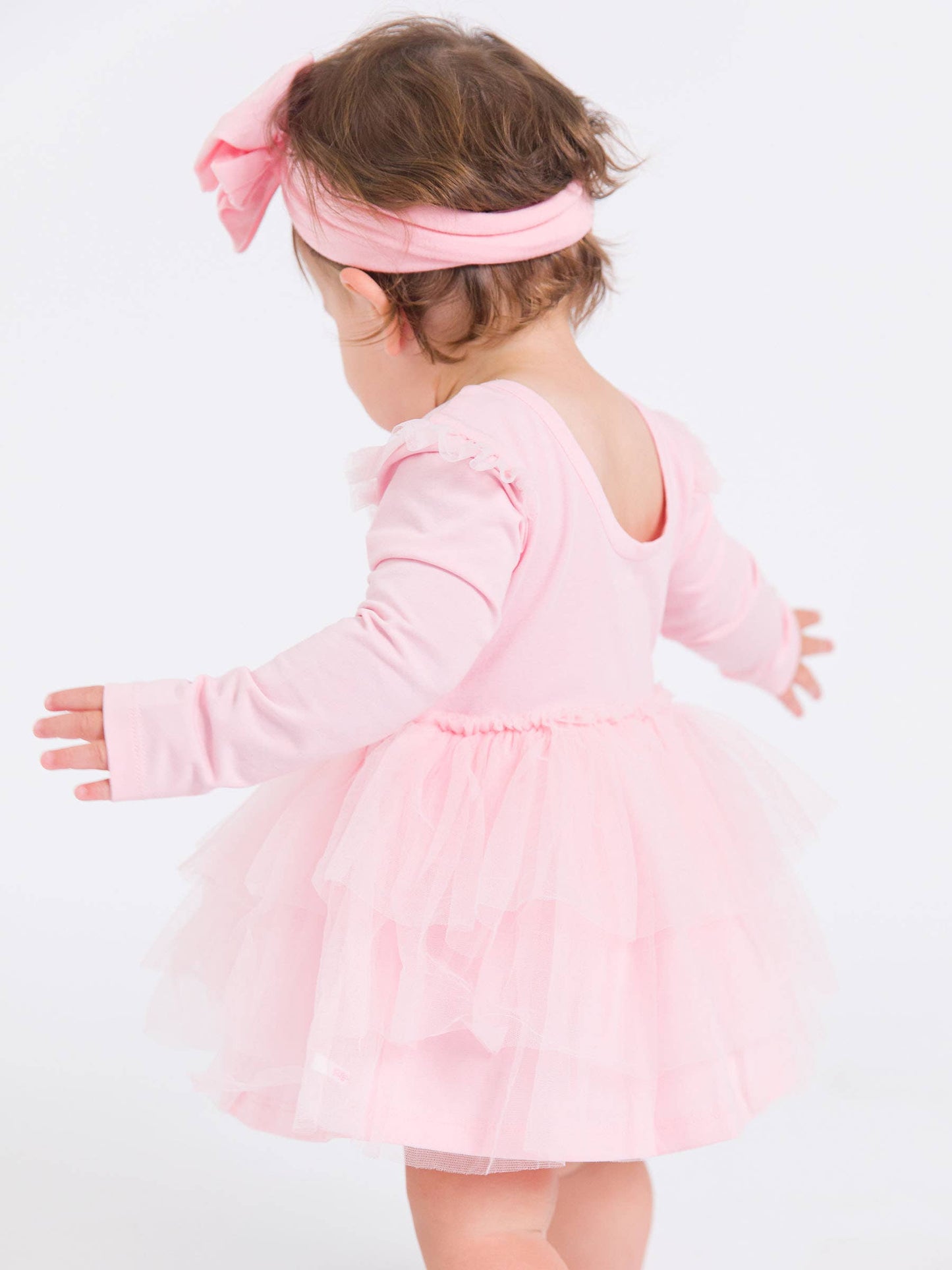 Baby Girls Pink Flutter Tulle Long Sleeve Twirl Romper