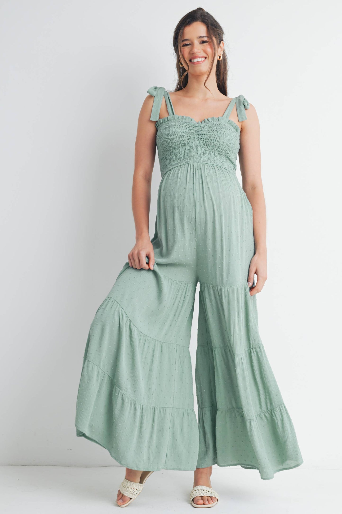 Tie-Strap Smocked Maternity Wide Leg Jumpsuit