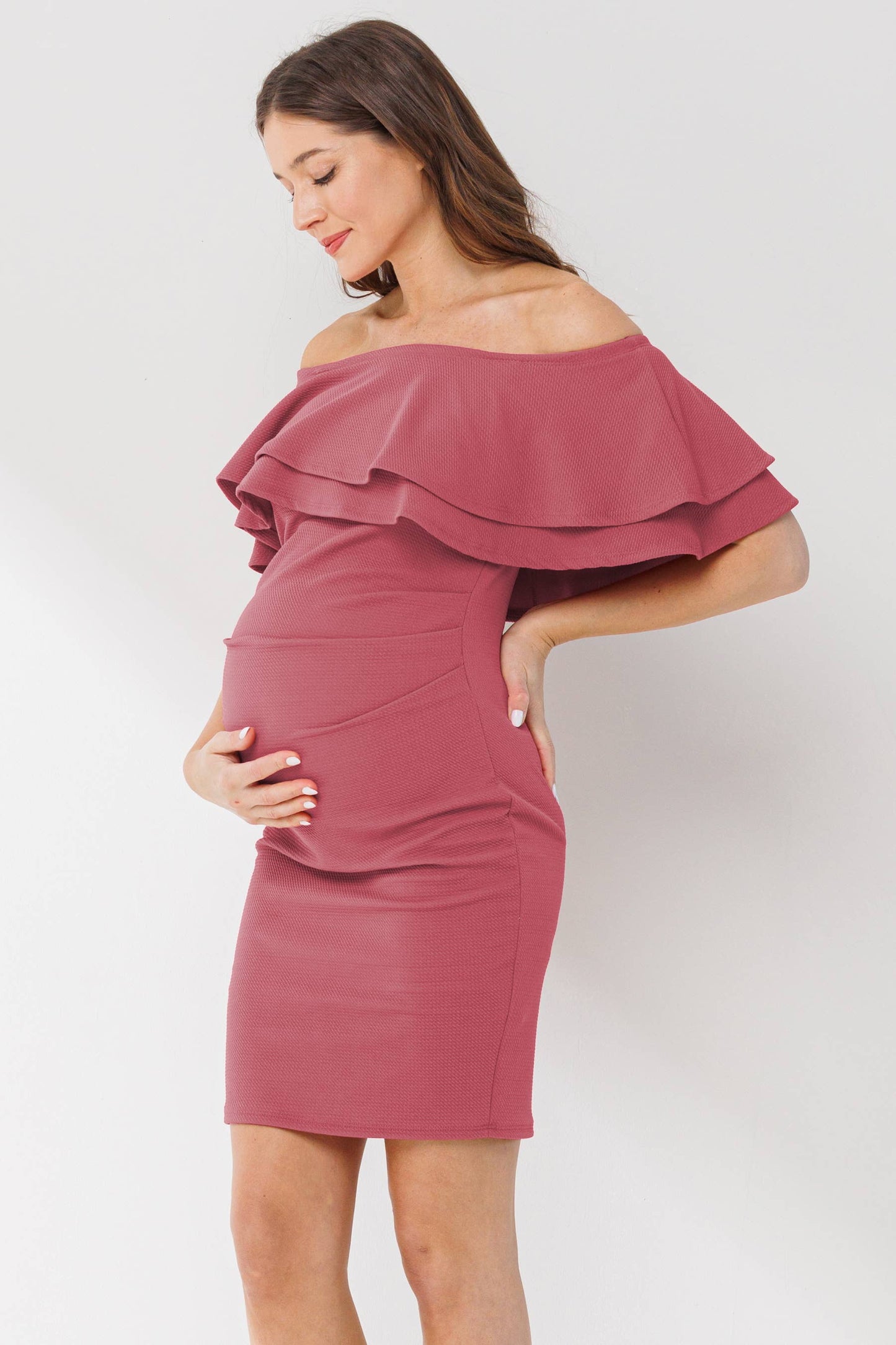 Off Shoulder Ruffle Maternity Mini Dress