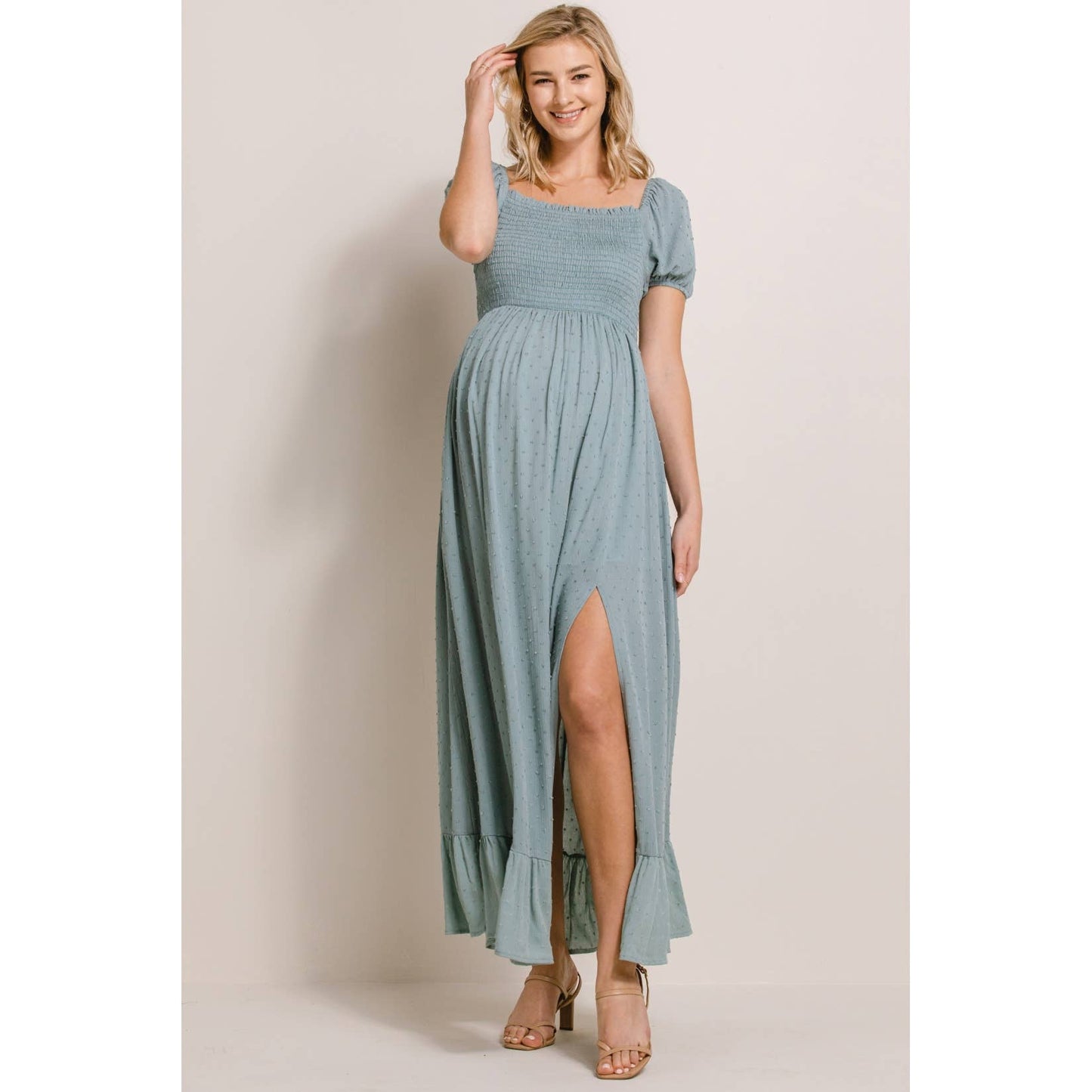 Square Neck Puff Sleeve Maternity Maxi Dress