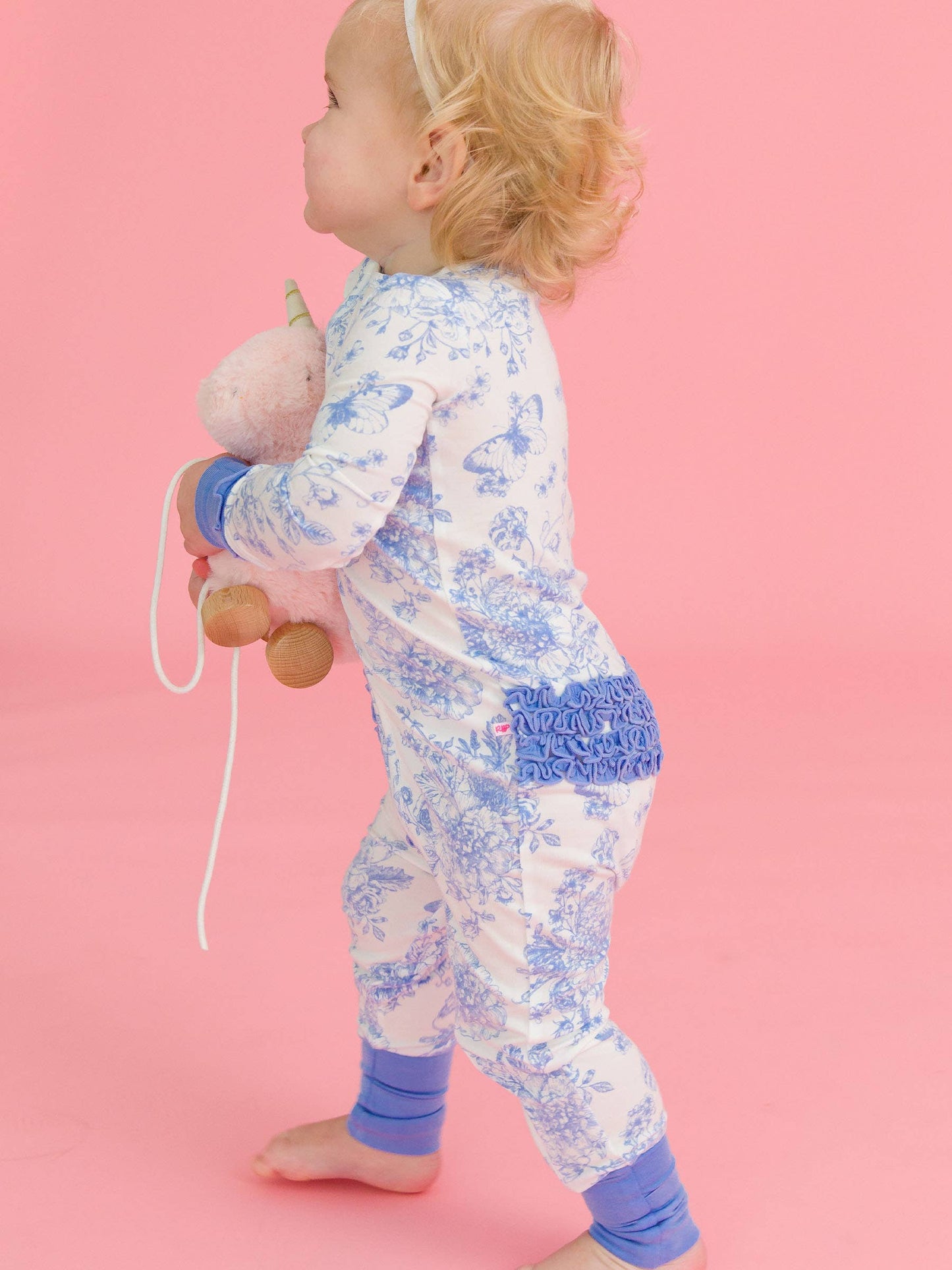Blue Butterfly Garden Toile Convertible Ruffle Pajama
