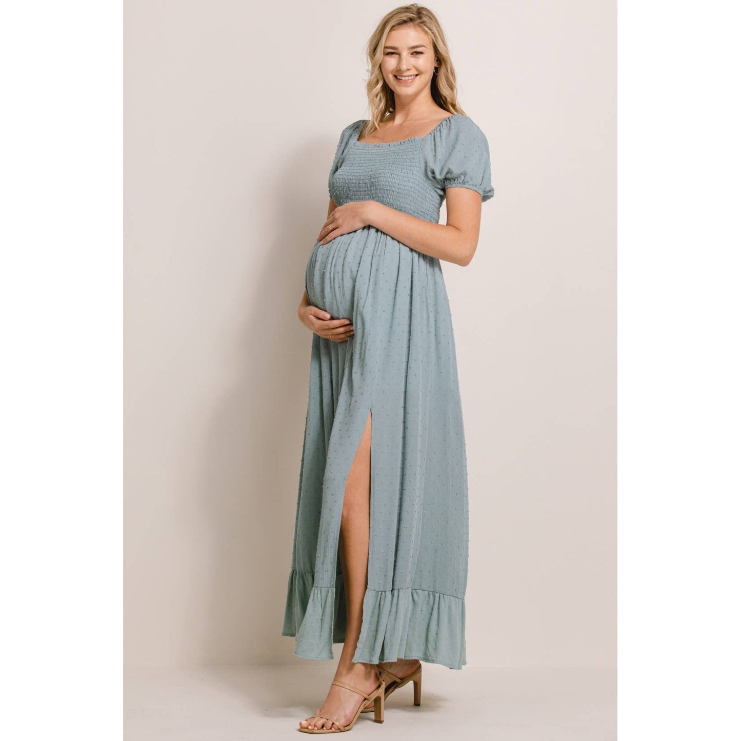 Square Neck Puff Sleeve Maternity Maxi Dress