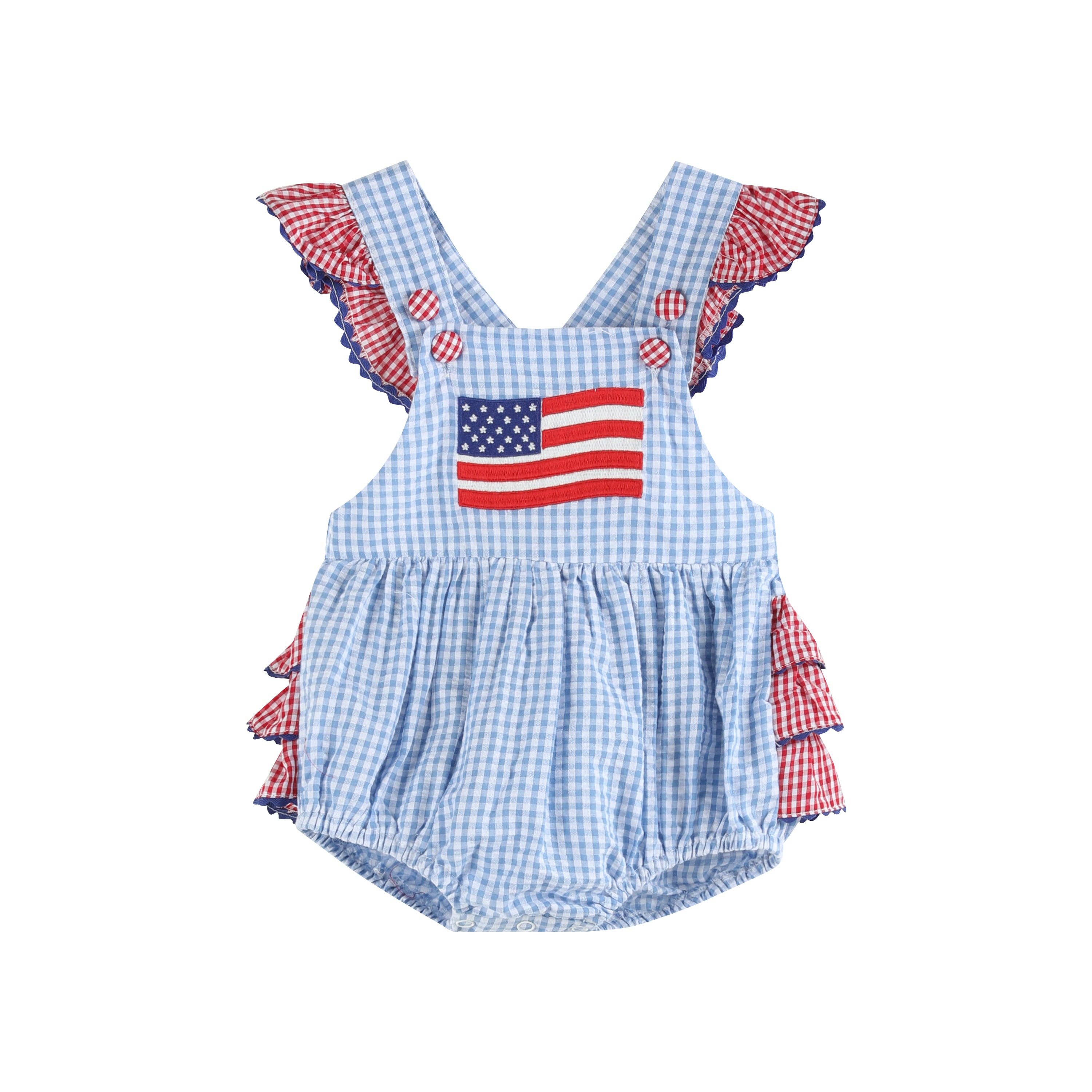 Light Blue and Red Gingham USA Flag Ruffle Romper – The Stork & Me