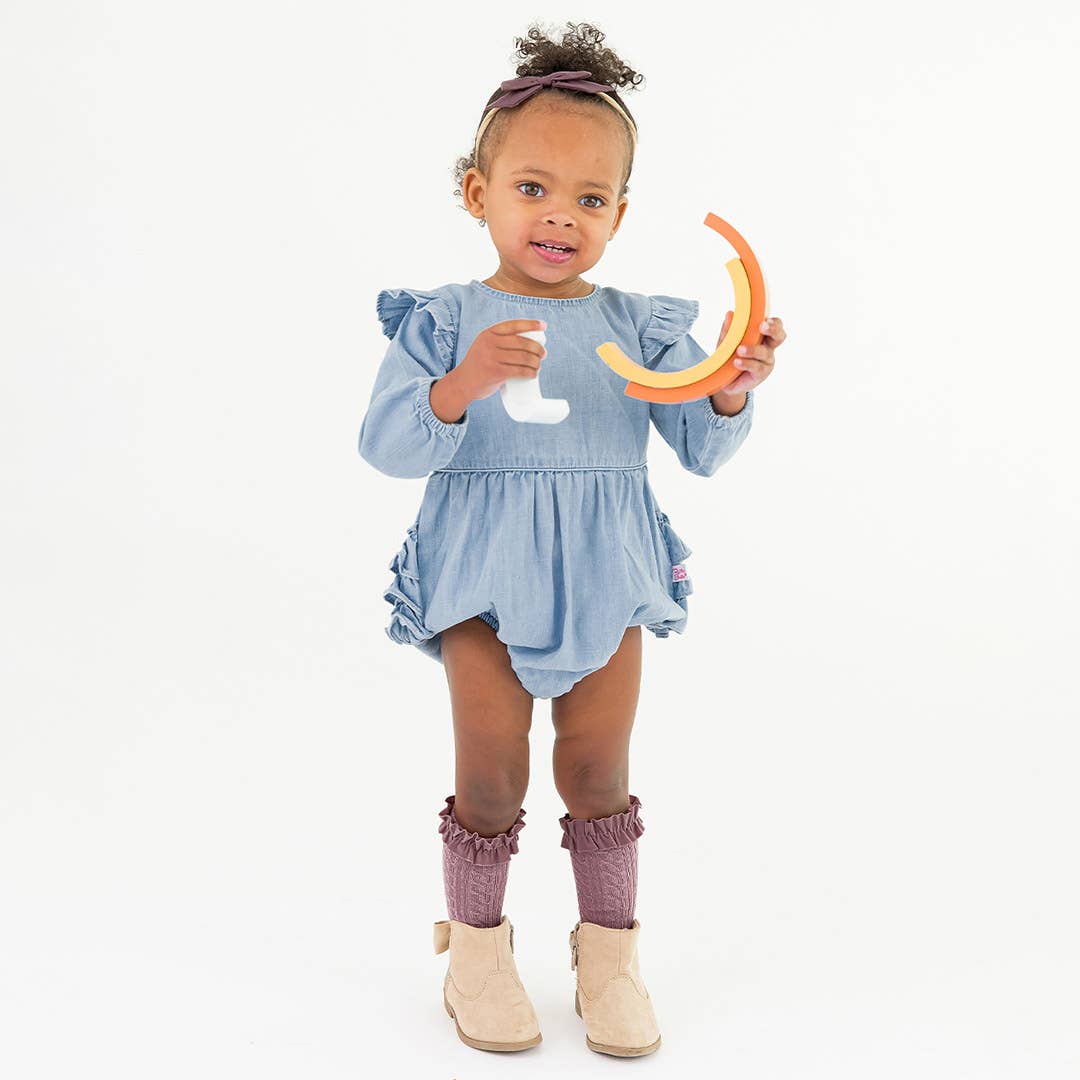 Light Wash Denim Long Sleeve Flutter Bubble Romper