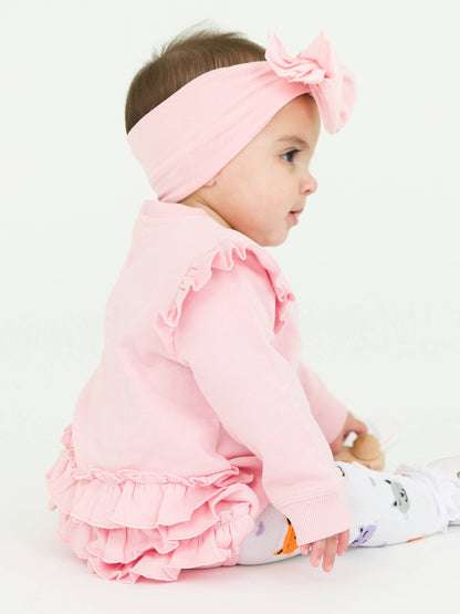 Baby Girls Pink Sweatshirt Bubble Romper with Signature Rear Ruffles
