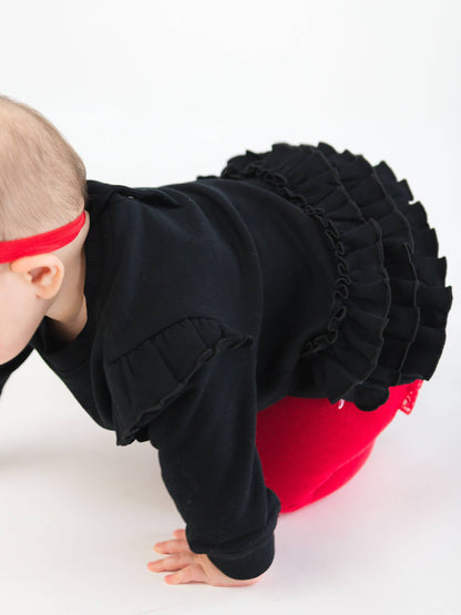 Baby Girls Nicholas Plaid Bow Black Applique Sweatshirt Bubble Romper