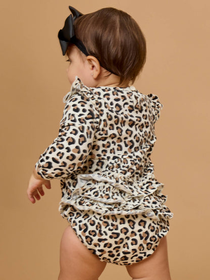 Baby Girls Classic Leopard Knit Long Sleeve Flutter Bubble Romper
