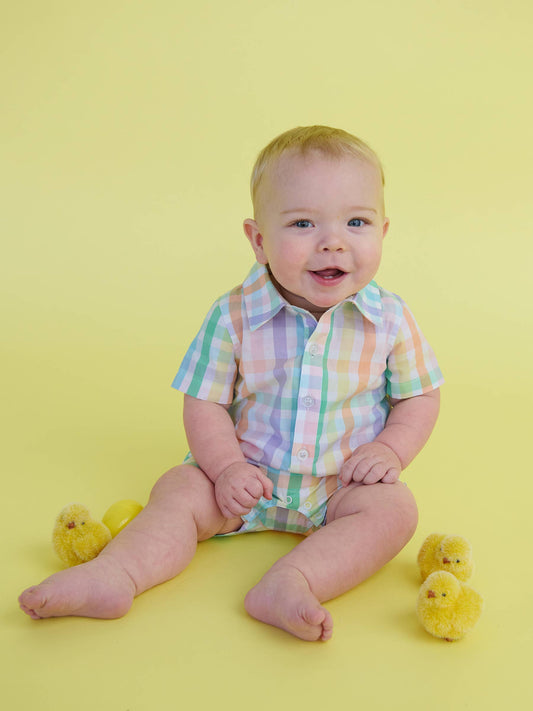 Baby Boys Poppy Rainbow Plaid Short Sleeve Woven Button-Up Romper