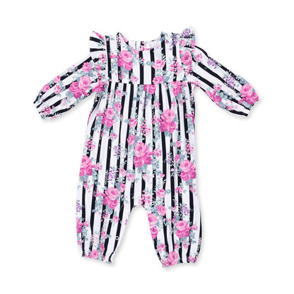 Cabbage Rose Stripe - Ruffle Sleeve Romper