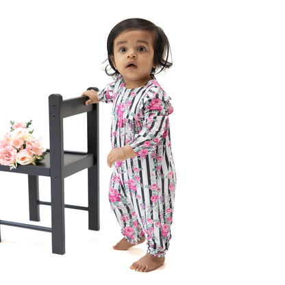 Cabbage Rose Stripe - Ruffle Sleeve Romper