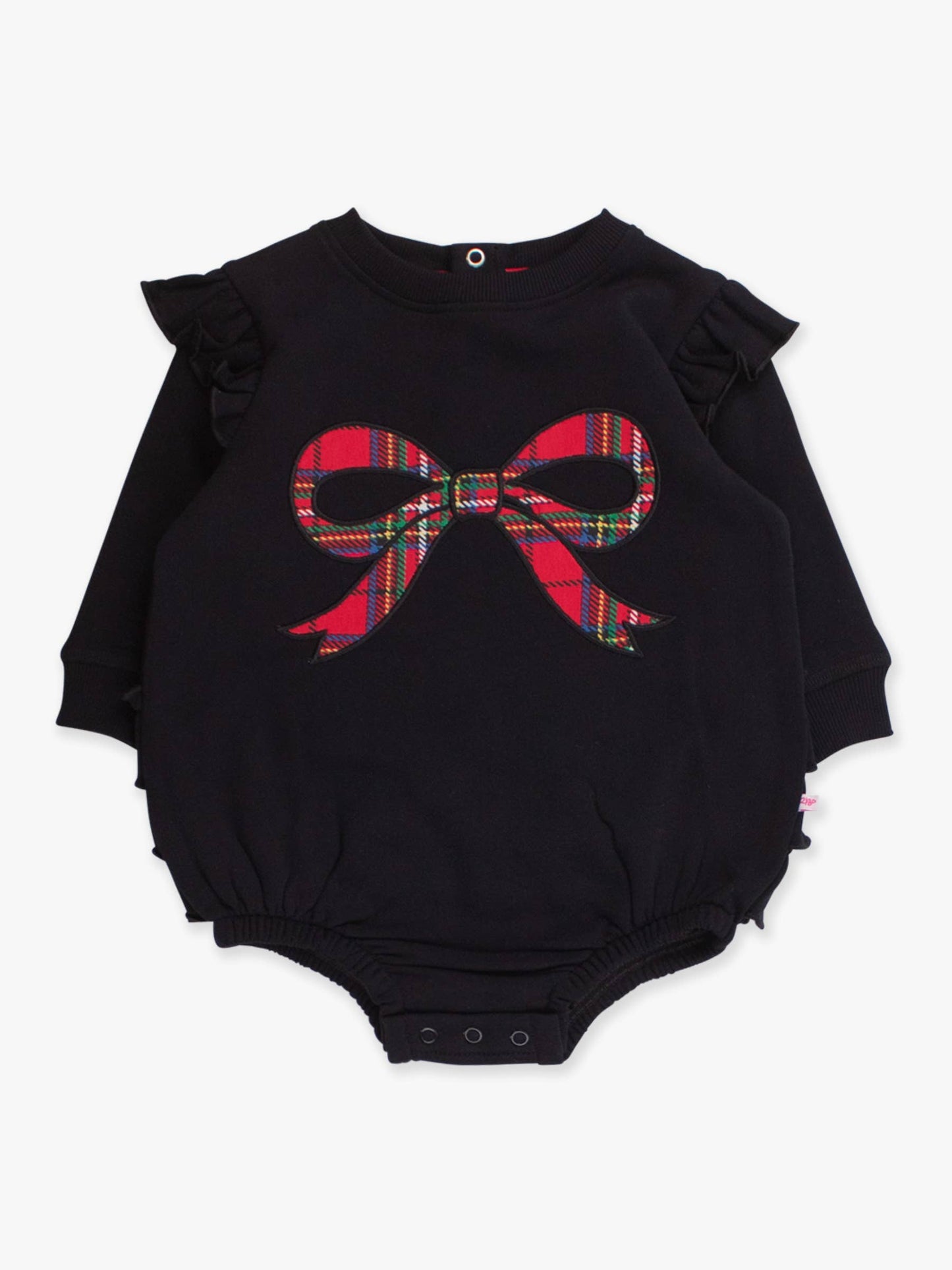 Baby Girls Nicholas Plaid Bow Black Applique Sweatshirt Bubble Romper