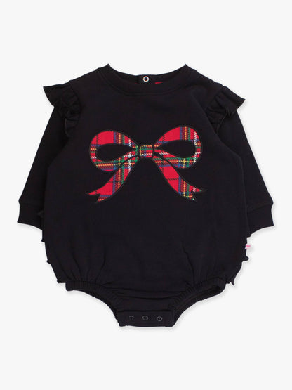Baby Girls Nicholas Plaid Bow Black Applique Sweatshirt Bubble Romper