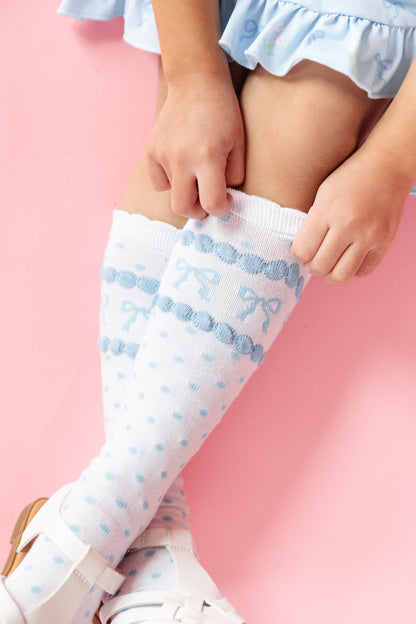 Blue Bow Scalloped Knee Socks