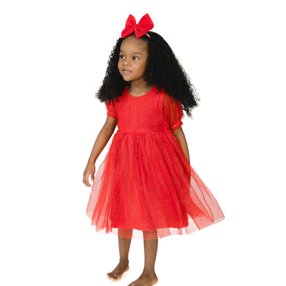 Velour Holiday Red - Puff Sleeve Dress