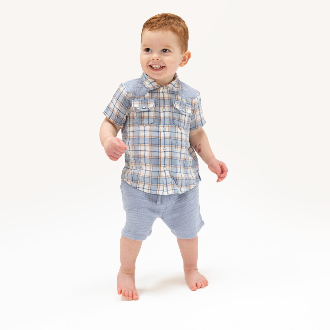 Western Boot Plaid - Short Sleeve Western Pearl Snap Shirt with Casual Short