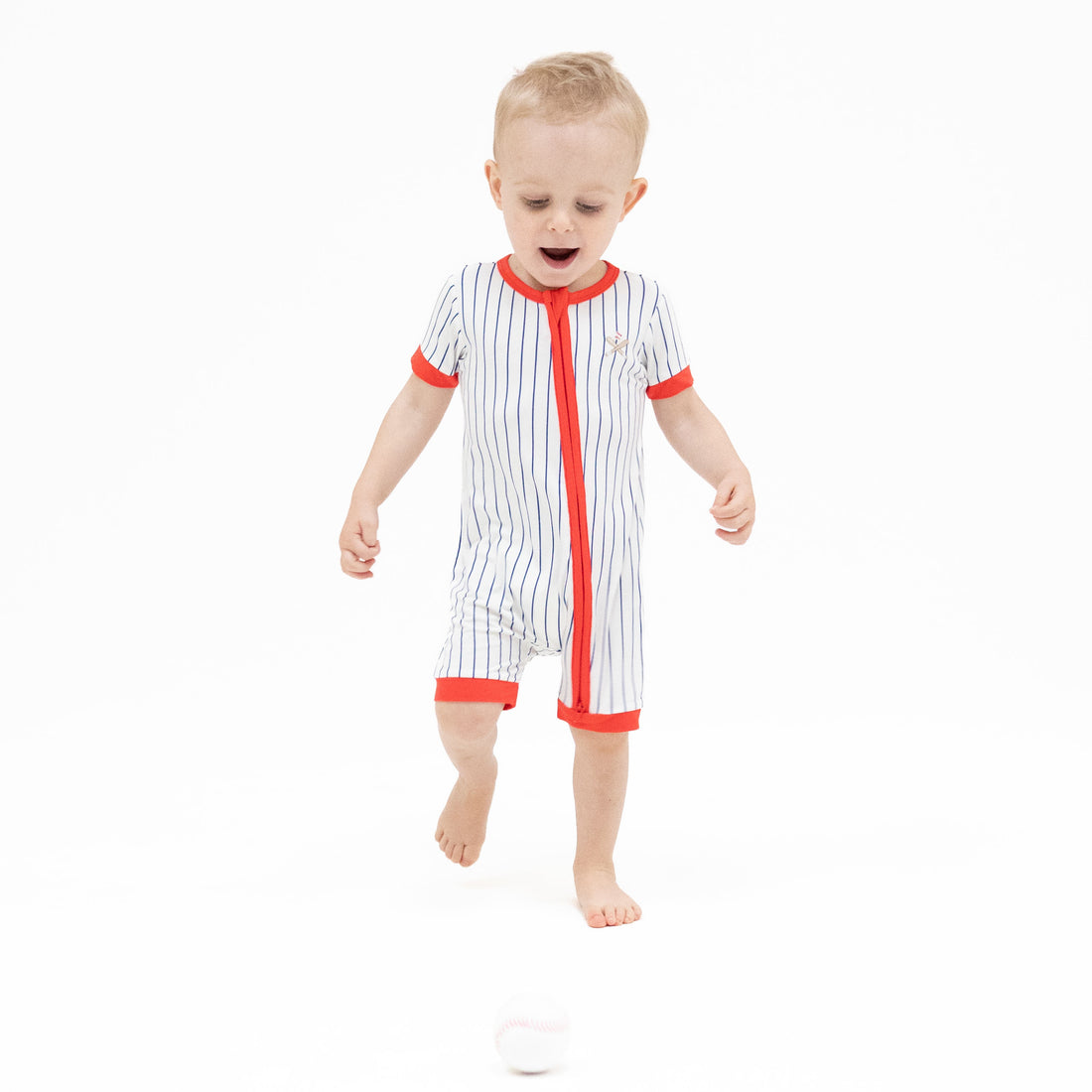 Shortie 2 Way Zipper Romper - Baseball Stripe