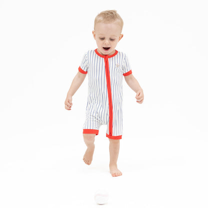 Shortie 2 Way Zipper Romper - Baseball Stripe