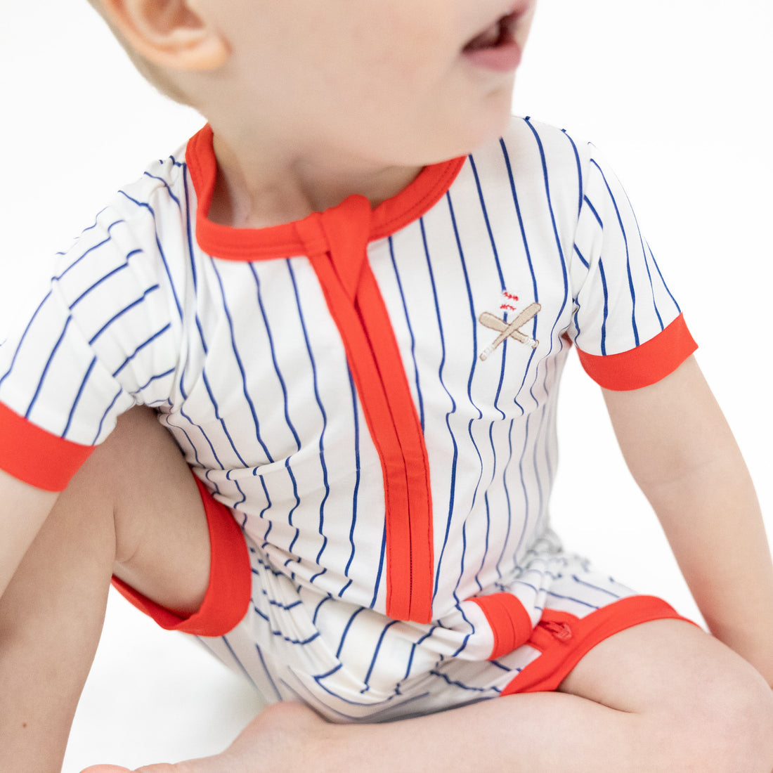 Shortie 2 Way Zipper Romper - Baseball Stripe
