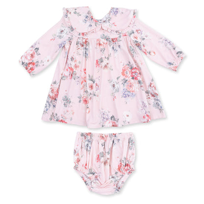 Painterly Rose Bouquets - Dress with Oversize Collar and Bloomer
