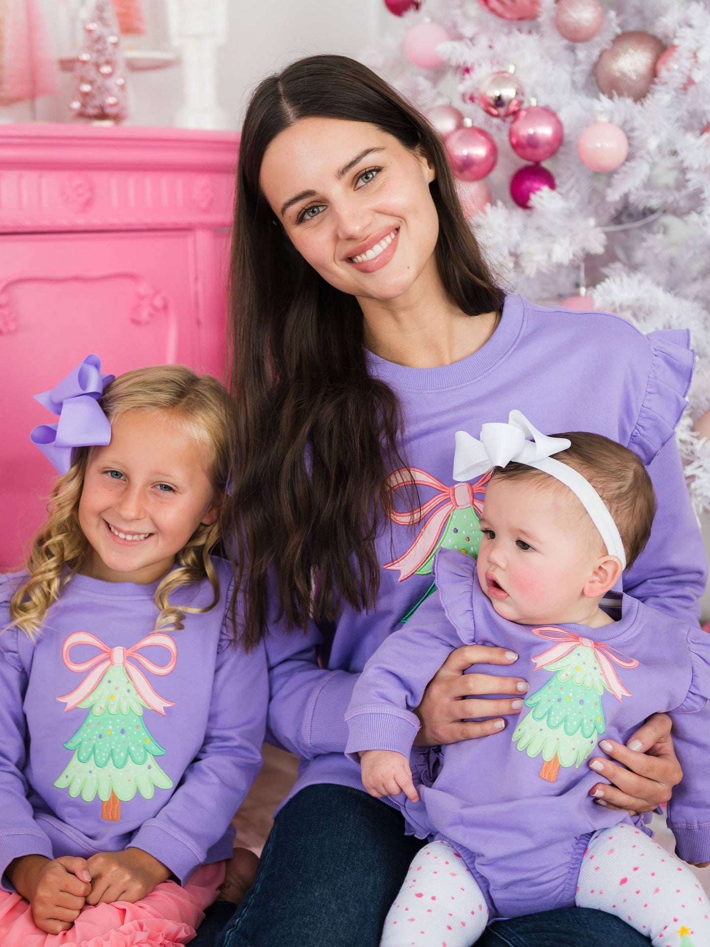 Baby Girls Purple Twinkling Tree Bow Applique Sweatshirt Bubble Romper