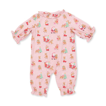 Vintage Reindeer & Santa Pink - Long Sleeve Romper