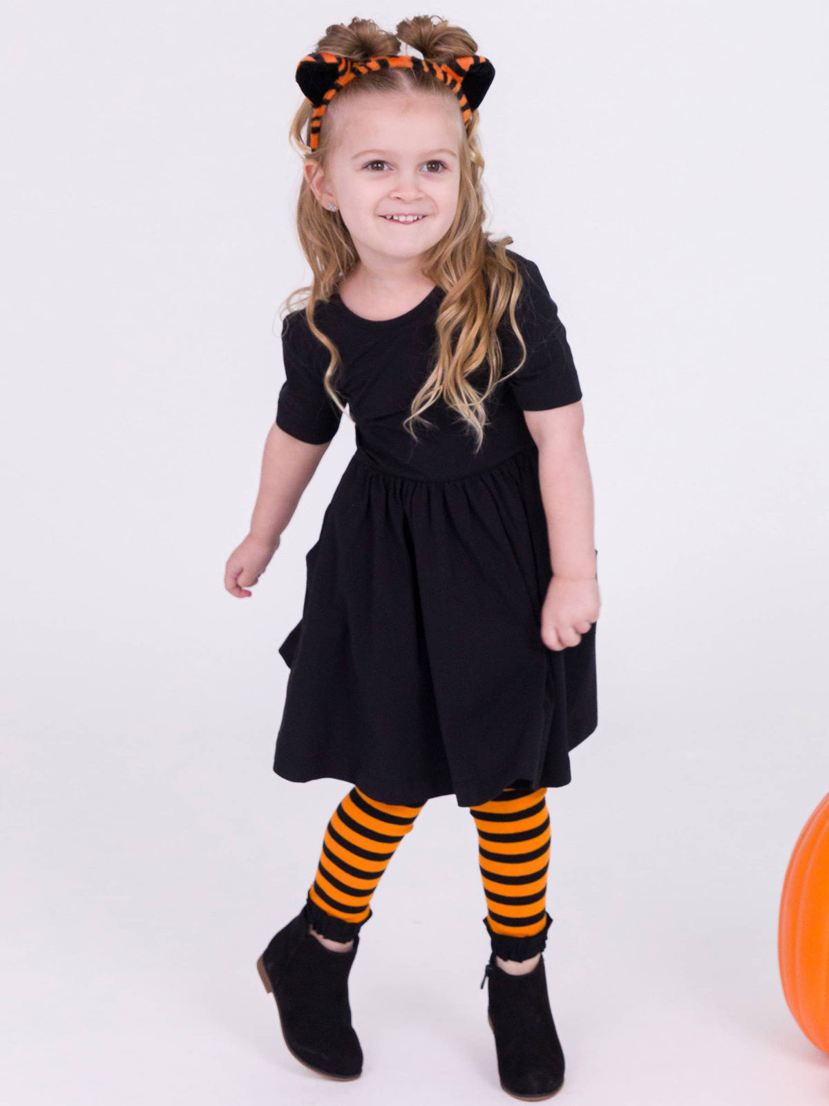 Girls Orange & Black Stripe Patterned Footless Ruffle Tights
