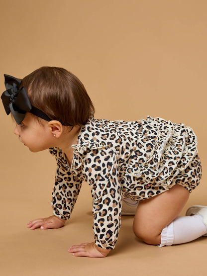 Baby Girls Classic Leopard Knit Long Sleeve Flutter Bubble Romper