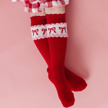 Red & Pink Bow Scalloped Knee High Socks