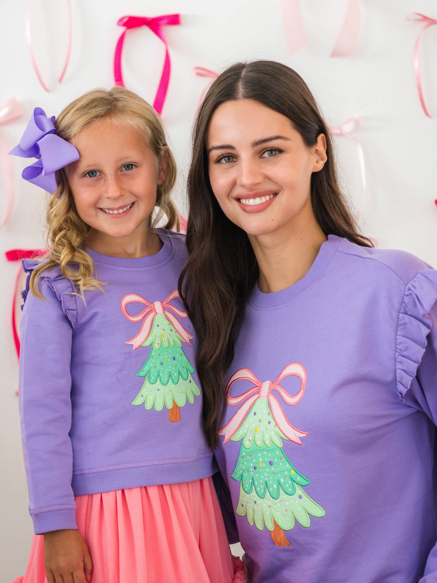 Girls Purple Twinkling Tree Bow Applique Flutter Sweatshirt