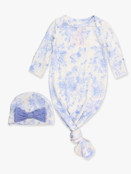 Periwinkle Blue Butterfly Garden Bamboo Knotted Gown & Hat Set
