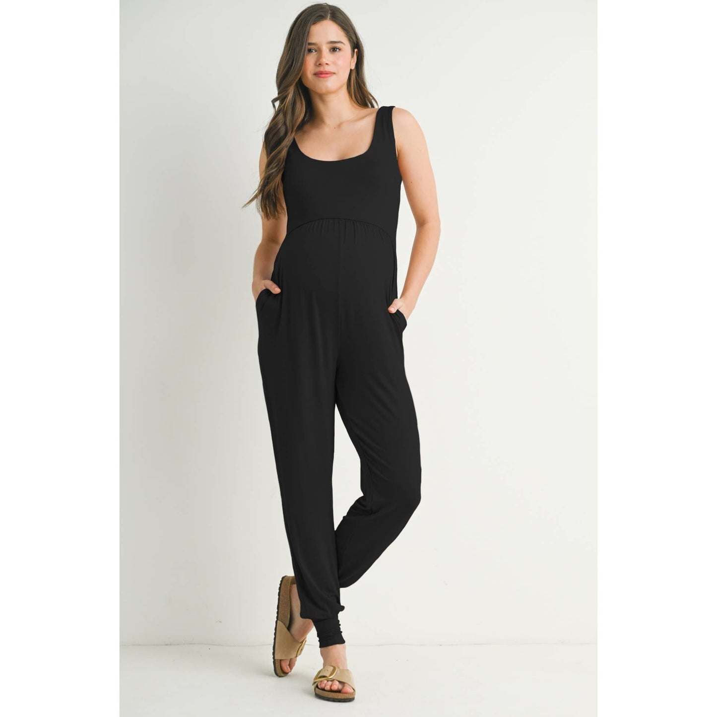 Scoop Neck Sleeveless Maternity Jogger Jumpsuit