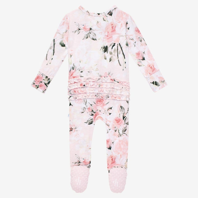 Vintage Pink Rose Footie Ruffled Zippered One Piece