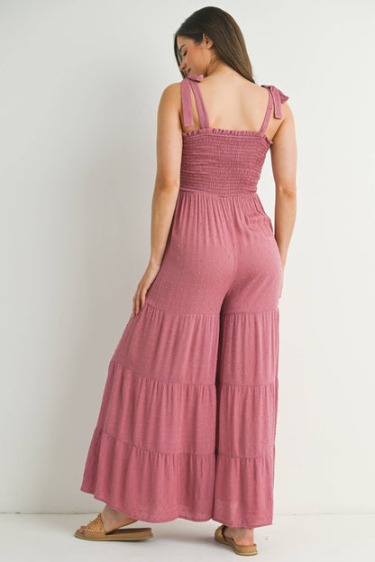 Tie-Strap Smocked Maternity Wide Leg Jumpsuit