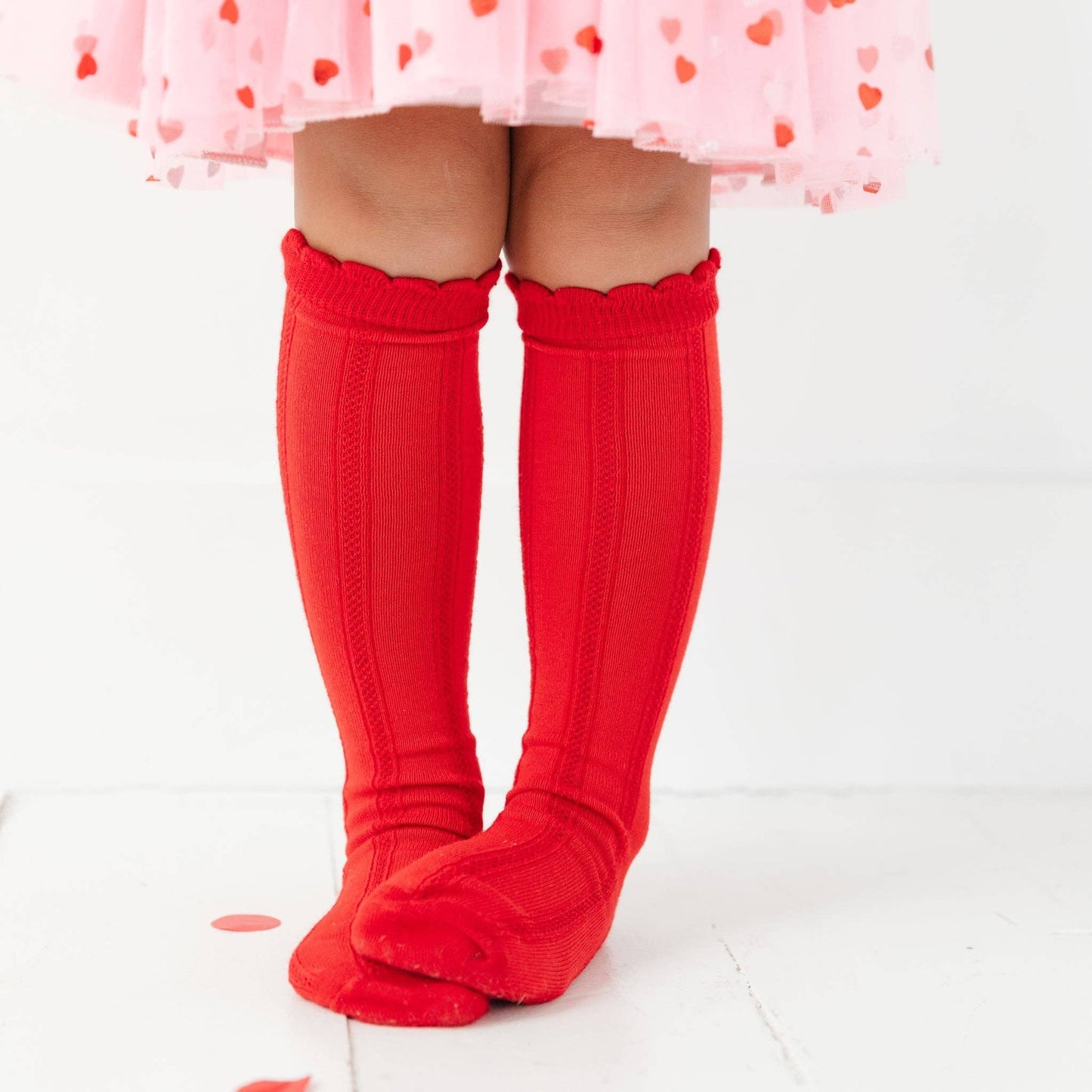 Bright Red Scalloped Knee High Socks