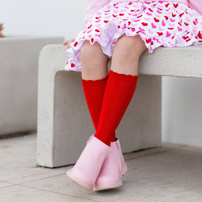 Bright Red Scalloped Knee High Socks