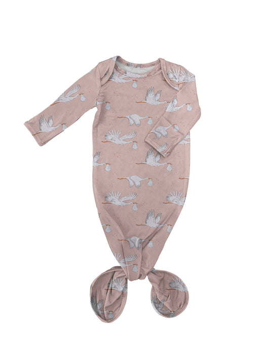 Pink Girl Stork Knotted Infant Gown