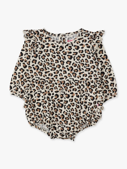 Baby Girls Classic Leopard Knit Long Sleeve Flutter Bubble Romper