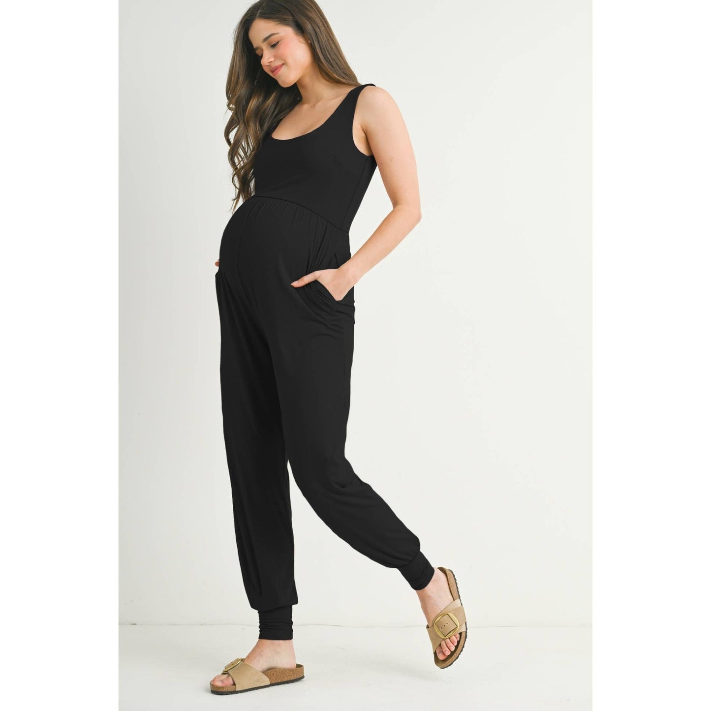 Scoop Neck Sleeveless Maternity Jogger Jumpsuit