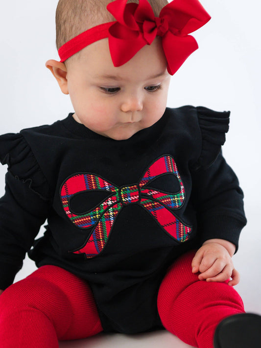 Baby Girls Nicholas Plaid Bow Black Applique Sweatshirt Bubble Romper