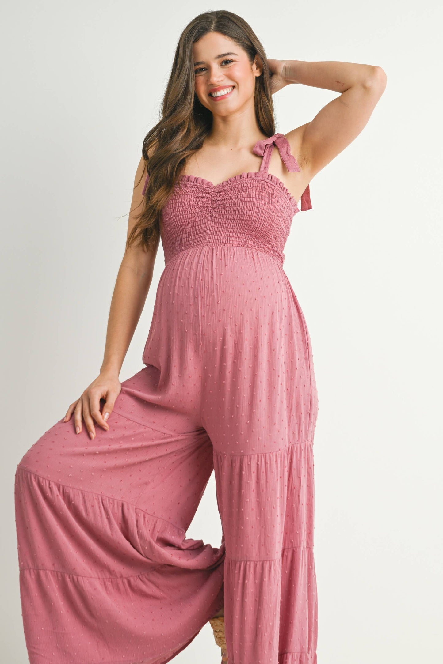Tie-Strap Smocked Maternity Wide Leg Jumpsuit