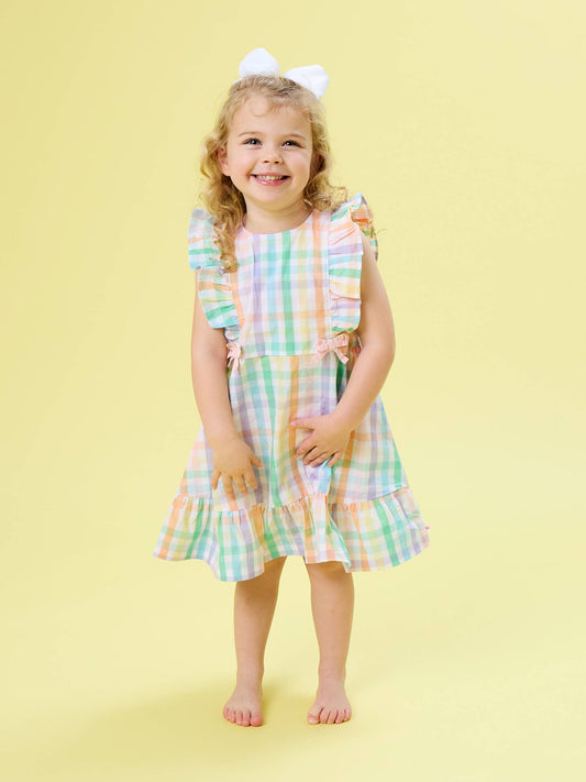 Girls Poppy Rainbow Plaid Pinafore Bow Dress