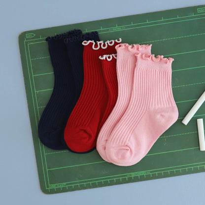 Ribbed Lettuce Trim Midi Socks - Blossom