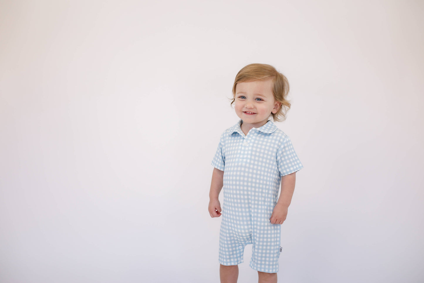 Baby Blue Gingham- Short Sleeve Polo Romper