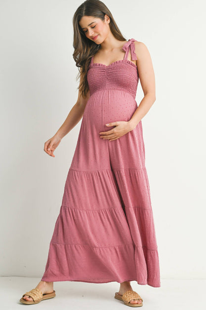 Tie-Strap Smocked Maternity Wide Leg Jumpsuit