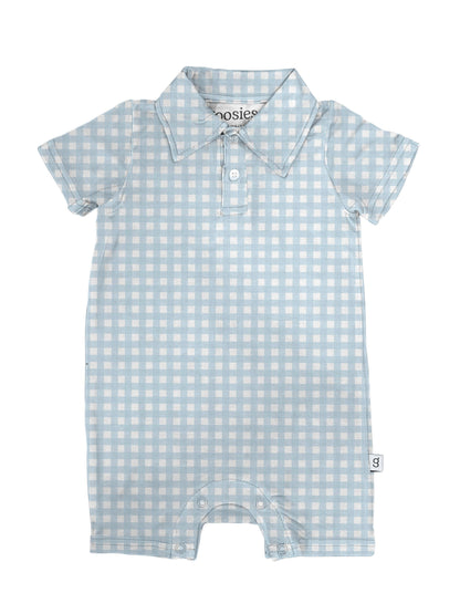Baby Blue Gingham- Short Sleeve Polo Romper