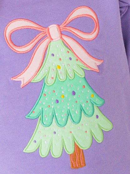 Baby Girls Purple Twinkling Tree Bow Applique Sweatshirt Bubble Romper