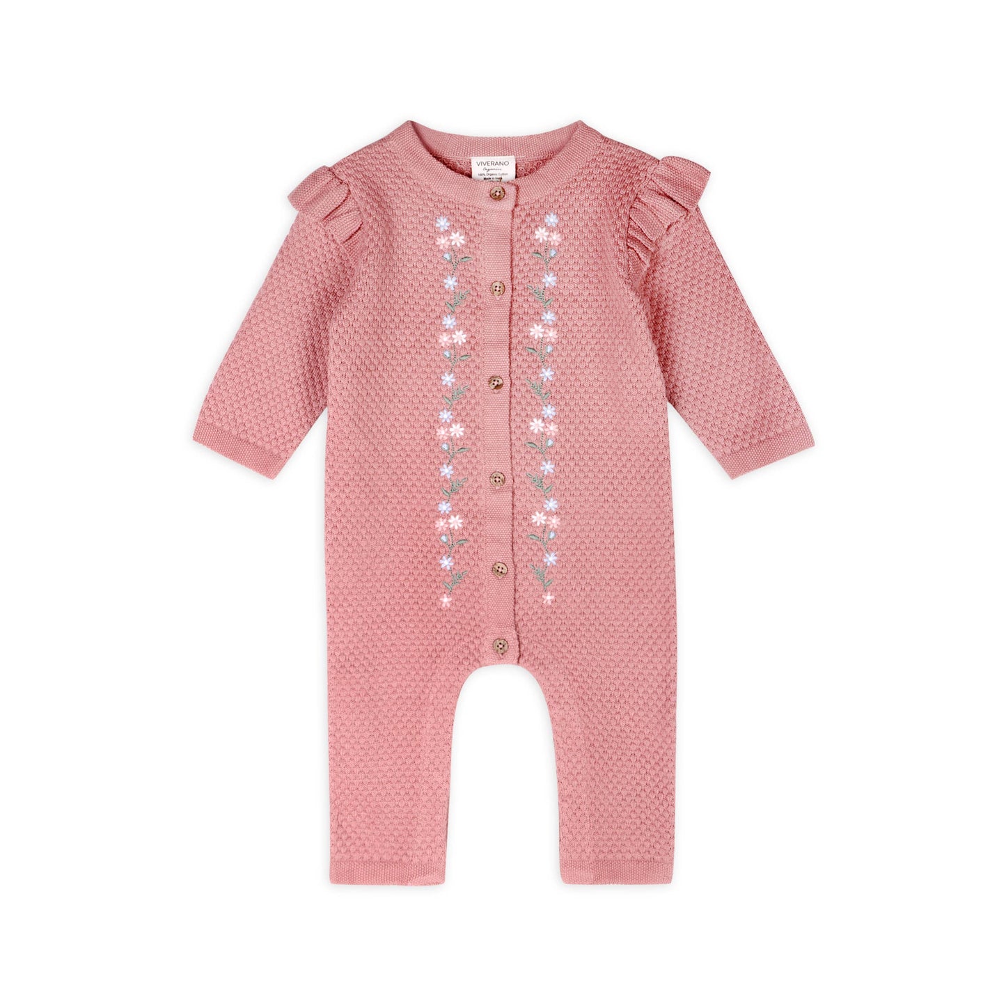 Floral Embroidered Sweater Knit Baby Ruffle Jumpsuit-Organic