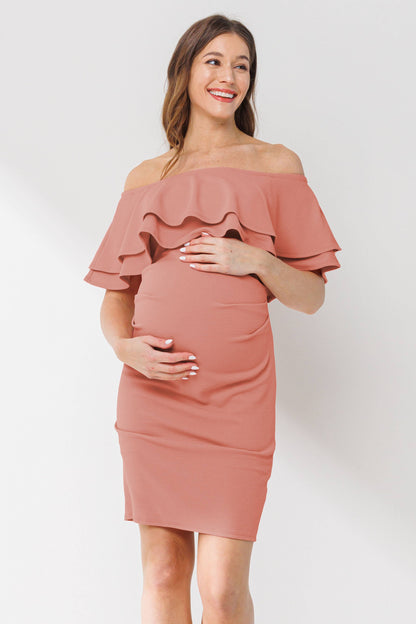 Off Shoulder Ruffle Maternity Mini Dress